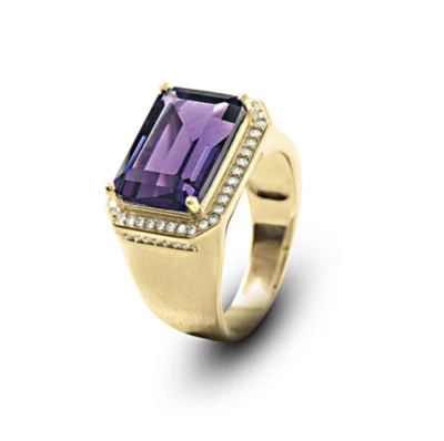 Anillo de oro amarillo macizo de 14K con piedras preciosas de amatista natural y diamantes para hombre Foto 1 de 2