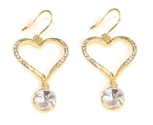 Bling Heart Earrings Womens Rhinestone Fish Hook Ladies Accessory Gold Tone 2" - Picture 1 of 1