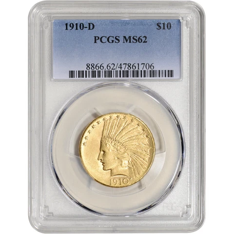 1910 D US Gold $10 Indian Head Eagle - PCGS MS62 Cover