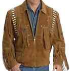 Men's Western Suede Leather Cowboy Jacket Coat With Fringe Bones And Beads