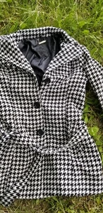 JouJou overcoat jacket Black White Herringbone pattern Poly Wool Blend sz M - Picture 1 of 9