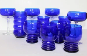 11 Pc 1930's Louie Glass Co Cobalt Blue Harpo & Chico Tumblers + Champagne Stems - Picture 1 of 6