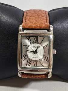 Bijoux Terner Silver Tone Rectangle Case Brown Leather Band Watch - Picture 1 of 6