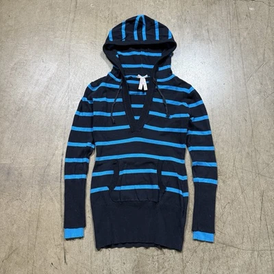 Sudadera con capucha Derek Heart para mujer pequeña azul negro a rayas manga larga polar vintage Y2k Foto 1 de 4