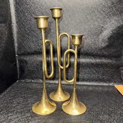 Set 3 Tiered Brass Trombone Candleholders Vtg Graduated Size - Image 1 of 4