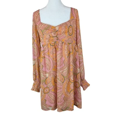 New BCBGeneration Lurex Chiffon Babydoll Dress Size 12 Pink Paisley Retro Mini  - Image 1 of 4