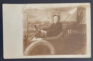 Real Photo Post Card - Woman driving open Car - similar to 1914 Ford Model T - Picture 1 of 2