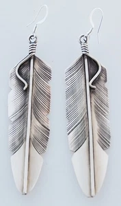 Native American Navajo Handmade Sterling Silver Feather Earrings - Picture 1 of 2