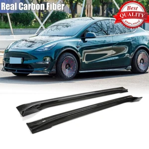 For Tesla Model Y 2019-24 Real Carbon Side Skirt Extension Lip Spoiler Splitters - Picture 1 of 15