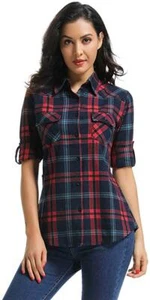 Ochenta Women's Long Sleeve Button Down Plaid Flannel Shirt, Navy Red, 2XL - Picture 1 of 5