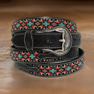 Cinturón occidental vaquero rodeo con cuentas hebilla extraíble de cuero de grano completo mecanizado a mano - Imagen 1 de 10