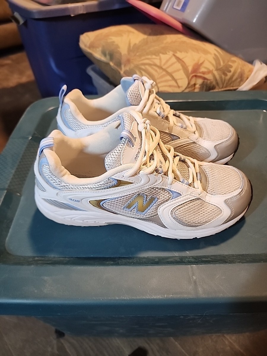 new balance 408 trainers in white and light blue
