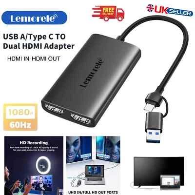USB 3.0 to Dual HDMI Adapter 2-in-1 for Dual screens 1080/60Hz USB A Type C USBC - Image 1 of 4
