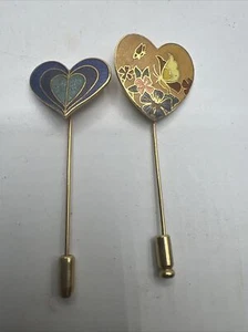 2 Hatpins Vintage Beautiful Cloisonne Heart Shape Gold Plate Butterflies - Picture 1 of 5