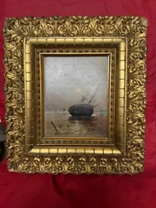 Sehr feines antikes maritimes altes Morgenschiff Öl auf Karton Gemälde Gold verzierter Rahmen - Bild 1 von 9