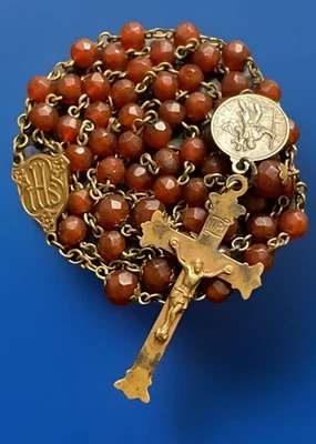 Vintage Red Orange Glass Rosary, Gold Tone Crucifix + St Christopher Medal - Image 1 of 4