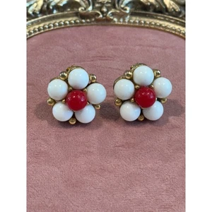 Vintage Signed Weiss White Red Glass Clip On Earrings Retro - Picture 1 of 3