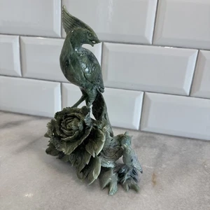 Statuina vintage cinese intagliata a mano verde smeraldo giada faonice 2 uccellini 8" - Foto 1 di 14