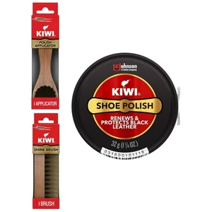 Kiwi Black Shoe Polish 1.125 oz + Shine Brush + Polish Applicator Brush Kit - Picture 1 of 8