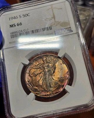 1946 D Walking Liberty Half Dollar NGC MS66 Label ERROR (NOT S) Rainbow Toned - Image 1 of 4