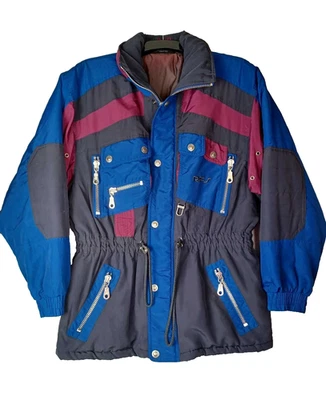 Vintage 80s C&A Mens Rodeo RFS Ski Wear Jacket Large Grey Blue Foldaway Hood - Bild 1 von 4