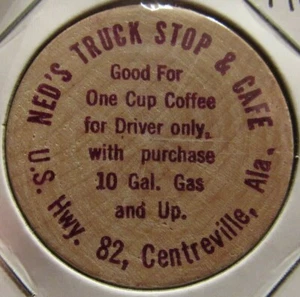 Vintage Ned's Truck Stop & Cafe Centreville, AL Holznickel - Token Alabama - Bild 1 von 2