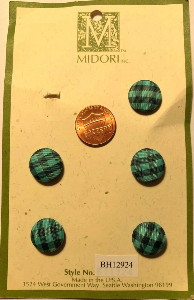 Set of 5 MIDORI Fabric Covered Domed Shank Buttons Green Black 5/8" 15.5mm 9940 - Image 1 of 1