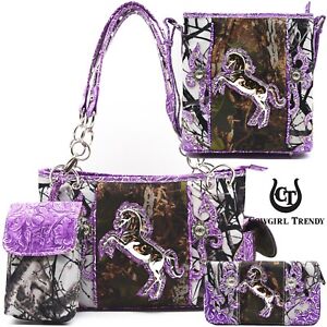 Camouflage Horse Western Purse Women Camo Shoulder Bag Crossbody Wallet Purple