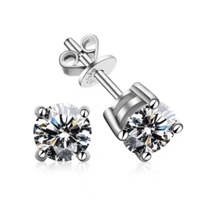 .4CT Small 4mm Brilliant Moissanite 4P Stud Earrings White Gold-Plated Silver - Image 1 of 3