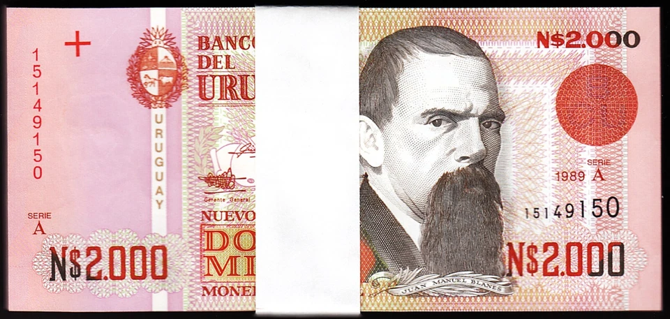 Uruguay 2000 Nuevos Pesos 1989, UNC, ½ BUNDLE, Pack of 50 PCS, Consecutive, P-68 - Image 1 of 4