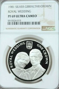 1981 GIBRALTAR SILVER 1 CROWN ROYAL WEDDING NGC PF 69 ULTRA CAMEO RARE TOP POP - Picture 1 of 4