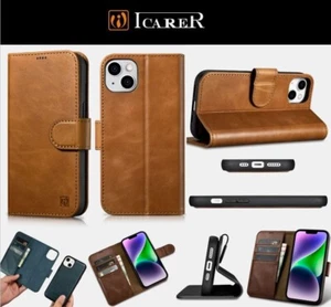 iPhone 14 abnehmbare magnetische Geldbörse aus echtem Leder von Icarer hellbraun - Bild 1 von 16