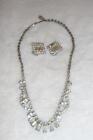 50s Art Deco Necklace Clip Square Earrings ~ Vintage 7" Silver-tone Rhinestones