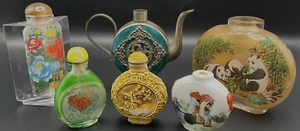 Antique/Vintage Lot os 6 Chinese Snuff Botlles, Metal, Glass inside Painted Carv - Picture 1 of 19