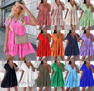 Women's V-Neck Frill Layered Pleated Summer Beach Smock Swing Mini Dress Top - Picture 1 of 35