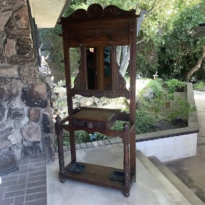 Antique 1800s Oak Hall Tree Carved Ornate Victorian Coat Umbrella With Mirror - Image 1 of 4