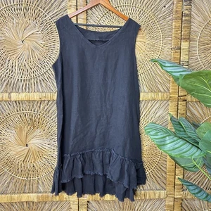 Vintage 316 Black Sleeveless Ruffle Hem Linen Mini Dress Size Large - Picture 1 of 4
