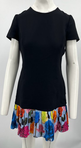 Mini abito Christian Dior nero manica corta stampa floreale orlo plissettato tg 8