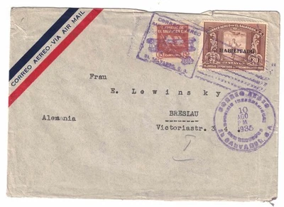 Cubierta de correo aéreo de El Salvador 1935 a Breslau Alemania Foto 1 de 2