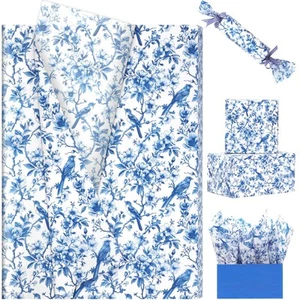 100 Sheets Blue Floral Bird Tissue Paper, 20'' x 14'' Chinoiserie Floral Bird... - Picture 1 of 9