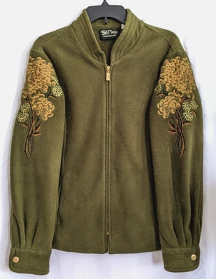 Chaqueta polar Bob Mackie verde oliva con cremallera talla M mangas bordadas florales Foto 1 de 4
