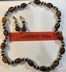 Vintage Amber Bead Necklace & Clip Earrings Set Silver Tone Accents 20” - Picture 1 of 5