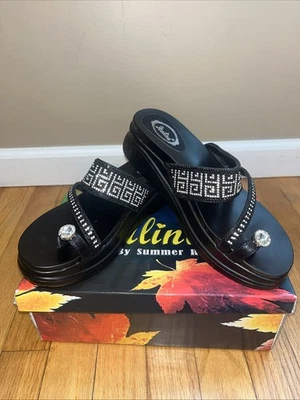 Sandalias Mujer Negras Con Gemas Plateadas Negras Aún En Caja Talla 38 Foto 1 de 4