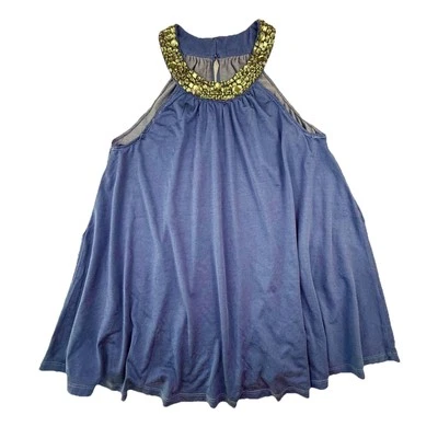 Top túnica marca terciopelo S azul marino cuello con joyas rayón algodón trabillas de gran tamaño Foto 1 de 4