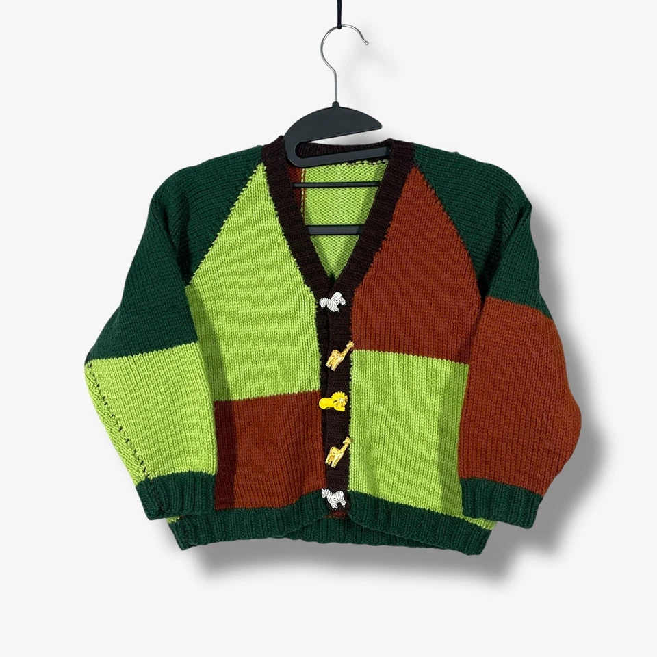 Cardigã suéter vintage feito à mão malha juvenil XL colorblock botões animais - Imagem 1 de 4