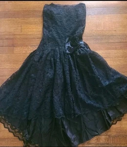 Vintage 80er schwarz Stufen Ballkleid ärmellos Drop Waist Schleife Spitze Gr. S - Bild 1 von 5