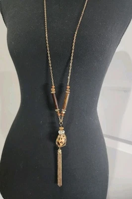 Collar Y2K NY Boho Chic Borla Distintiva 50" Ámbar Vidrio Resina Cáscara de Tortuga Foto 1 de 4