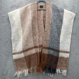VTG Japan Colorblock Fringe Vest Poncho Wrap Brown Gray Cream Wool blend boho - Picture 1 of 7