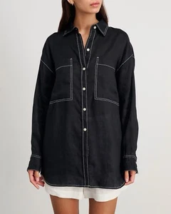 JAG Womens Cindy 100% Linen Long Sleeve Shirt Black Size M - Picture 1 of 7