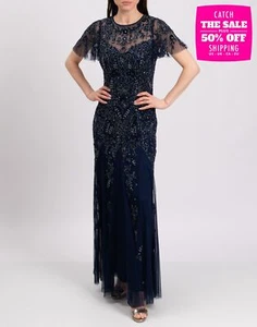RRP €570 AIDAN MATTOX Tulle Maxi Beaded Gown US6 UK10 IT42 M Blue Flutter Sleeve - Picture 1 of 7